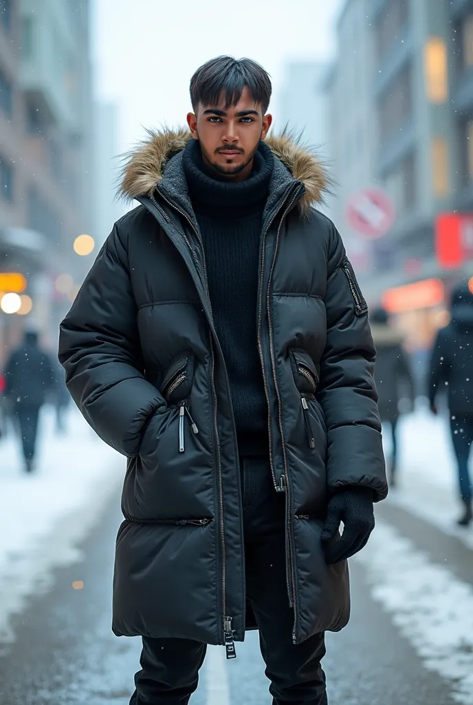 That young man is standing on the street of the virtual world and wearing expensive winter clothes