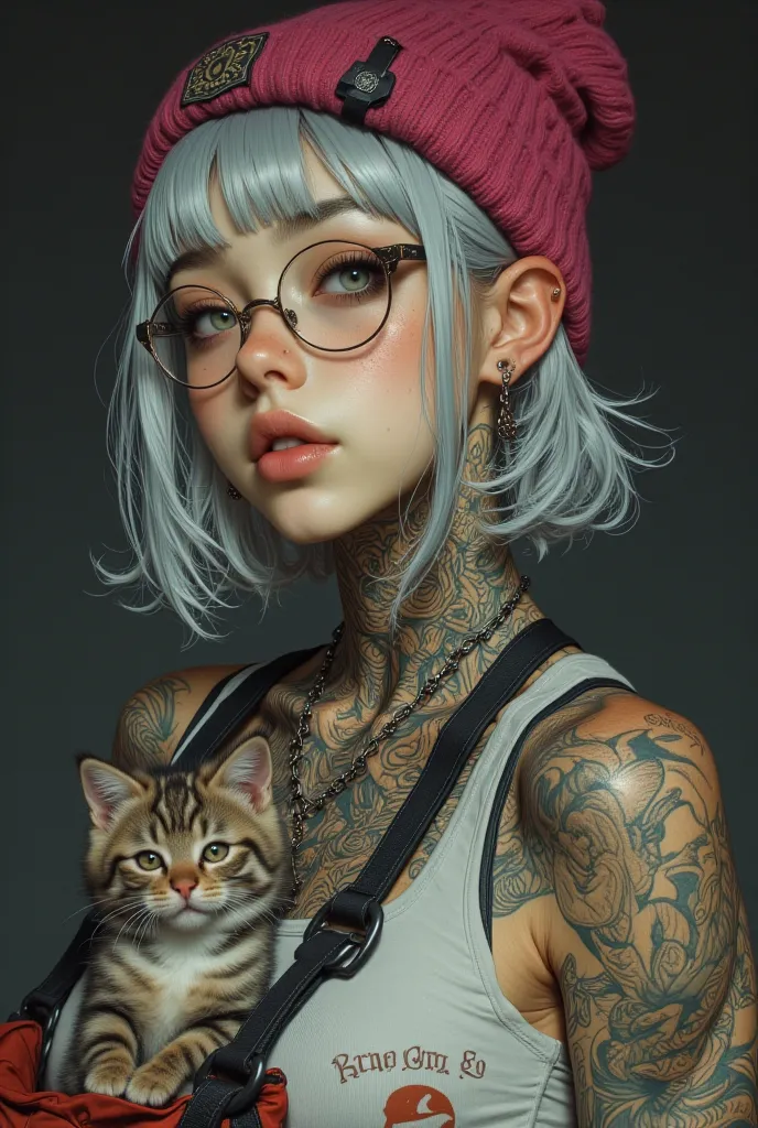 A 20-year-old gray-white haired girl with European features, expressive features and obvious freckles. She wears a tank top. She wears a stylish fuchsia beanie. She wears oversized steampunk glasses. Incredibly beautiful almond-shaped light green eyes with...