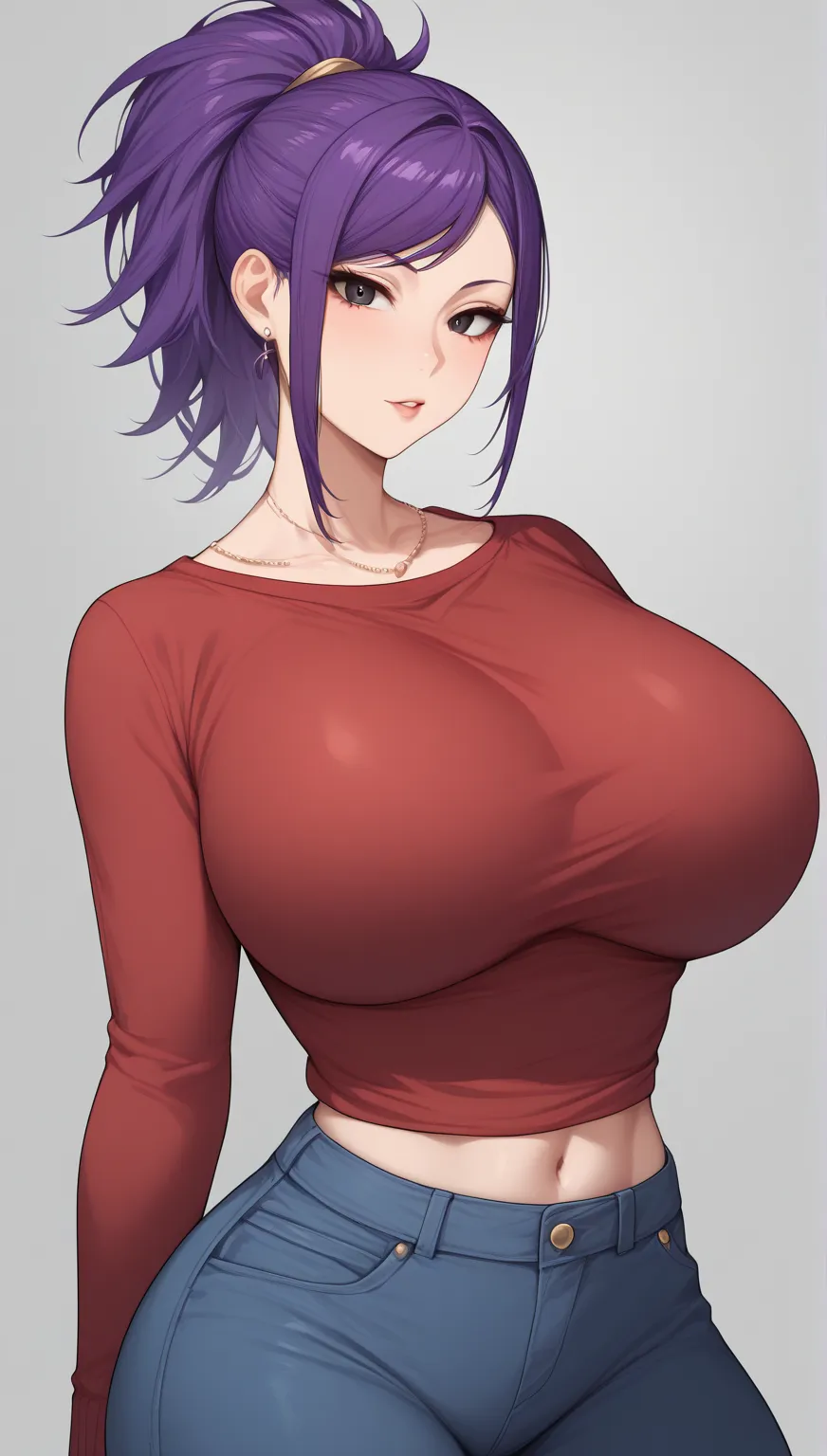 mixed_Art Style , (detailed eyes), (mature woman),  pretty woman,  huge breasts, (purple hair tied behind, high mini ponytail on the side),  side fringe, ( red sweater shirt, calcinha fio dental insinuante ),   black eyes , ultrarealista, huge body