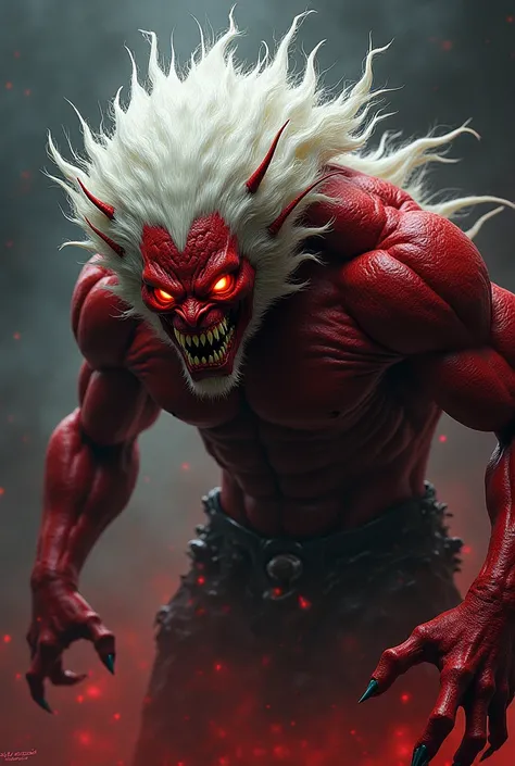 A portrait of Demon Shahnameh's demon Div Sepid with red and terrifying eyes and a large, white-haired, furious body 