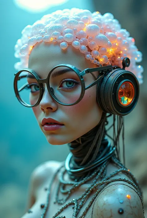 Ethereal Cyborg Woman, bioluminescent jellyfish tiara.  Steampunk glasses fuse with translucent tentacles . Cracked porcelain skin meets iridescent scales. Mechanical implants and delicate tendrils intertwine. Human characteristics with an otherworldly glo...