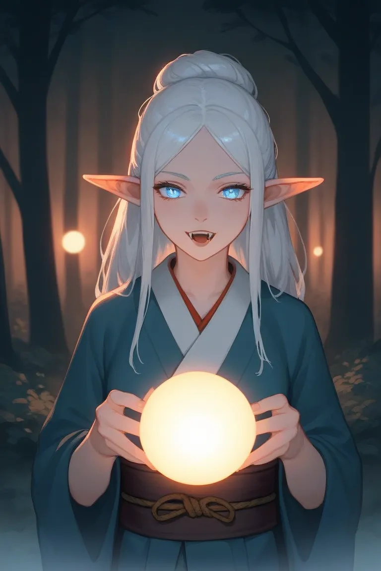  girl with white hair and black eyes,  with fangs, her dress is a kimono, She is a vampire and an elf, en un bosque oscuro