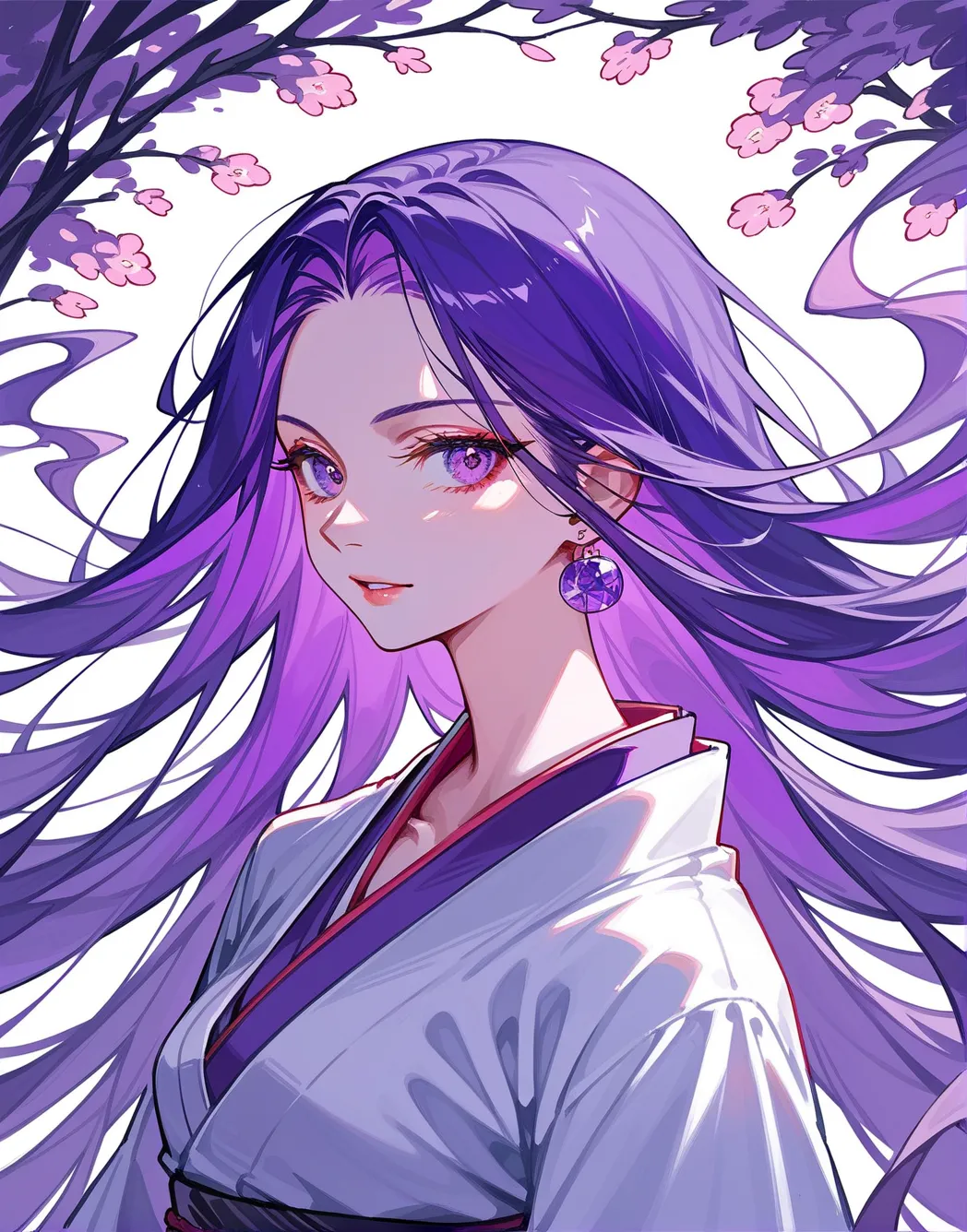 1 girl, Hair length reaches the back, Black hair and purple on the edges of the hair, Purple eyes, but not bright, ใส่ชุดกิโมโน, หน้าอกไซส์ปานกลาง