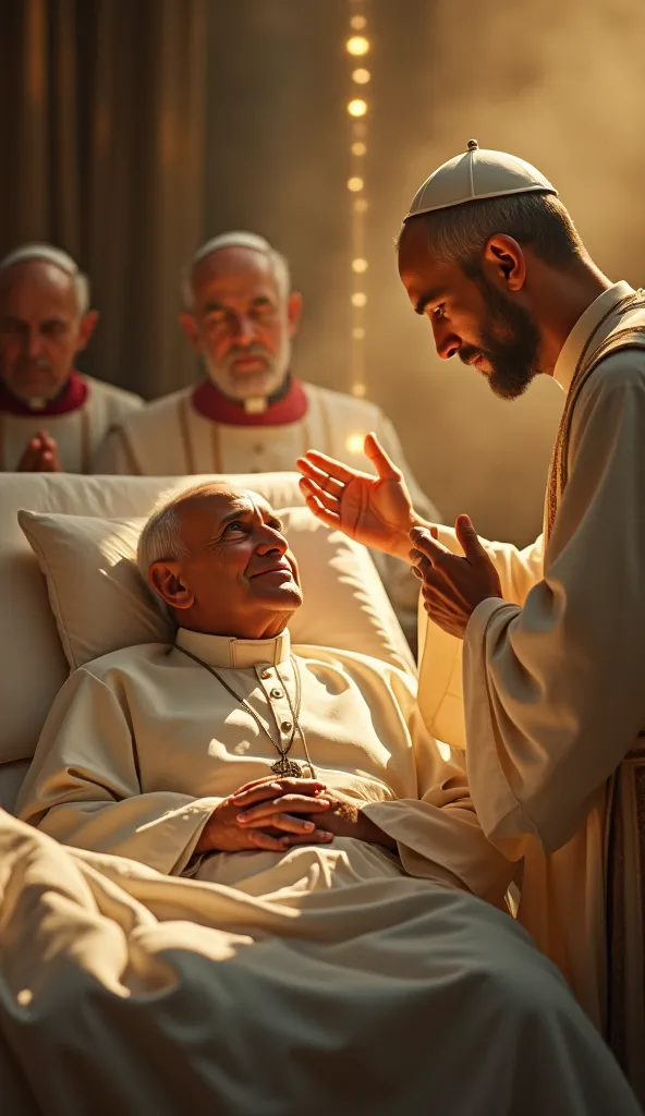 A hyper-realistic, cinematic image of Pope Francis lying in a hospital bed, his hands clasped in prayer as he looks up in faith. Jesus, dressed in a radiant white robe, stands beside him, gently placing His glowing hand over the Pope's forehead. A soft gol...