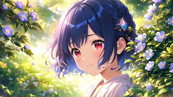 An anime girl s, with long dark blue hair, red eyes, for love 