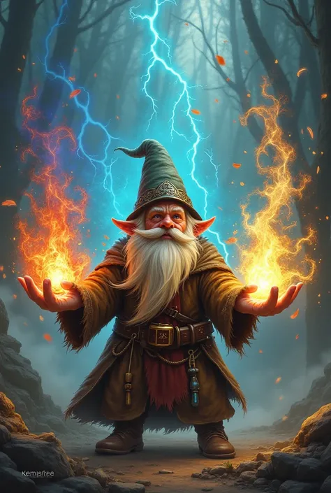 A wizard gnome summoning magic hammers of all elements 