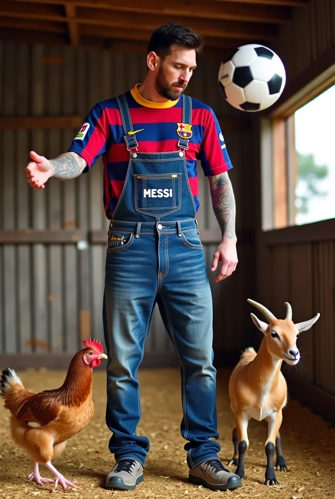 Lionel Messi, dressed in denim overalls and a Barcelona jersey standing in a chicken coop. He is tossing grains to chickens with one hand while effortlessly juggling a soccer ball with his foot. The chickens appear excited, and a playful goat watches from ...