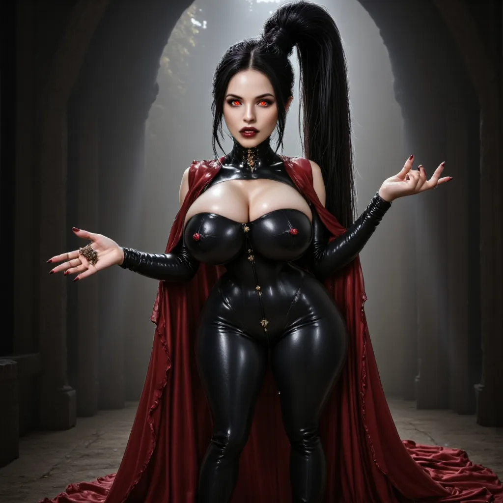 awesome beautiful sorceress princess age 29 standing with all fingers pointing down at camera , lightning shoots from her fingertips , arrogant laugh, seductive look, dominant in shiny black latex catsuit, high up ponytail, voluminous dark hair with red st...