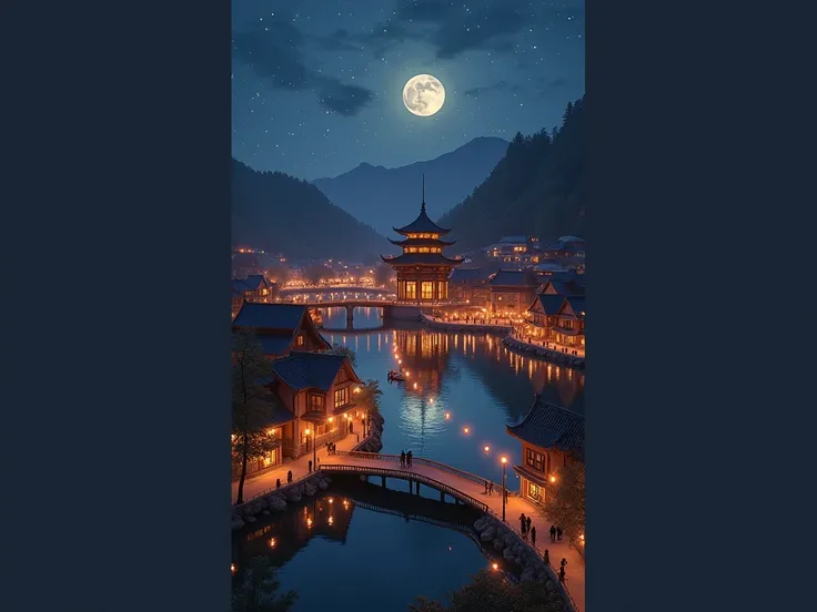 Prise de vue sur le côté et en haut, nuit du Festival des lanternes, dans un village bâti pres d'un lac circulaire avec un tres grand pavillon au milieu du lac avec des ponts reliant le pavillon au village, la lune très Gros dans le ciel, les gens marchent...