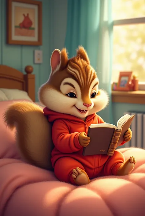 Alvin Chipmunk  habillé en pyjamas rouge coucher dans son lit avec son livre 