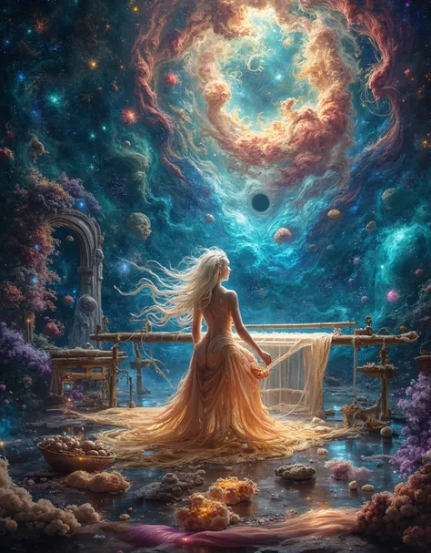 photorealistic, a vast, cosmic workshop filled with swirling nebulae and glowing threads of starlight. A celestial being, a woman with skin that shimmers like galaxies and hair made of pure light, is weaving a tapestry on a colossal loom that spans the ent...