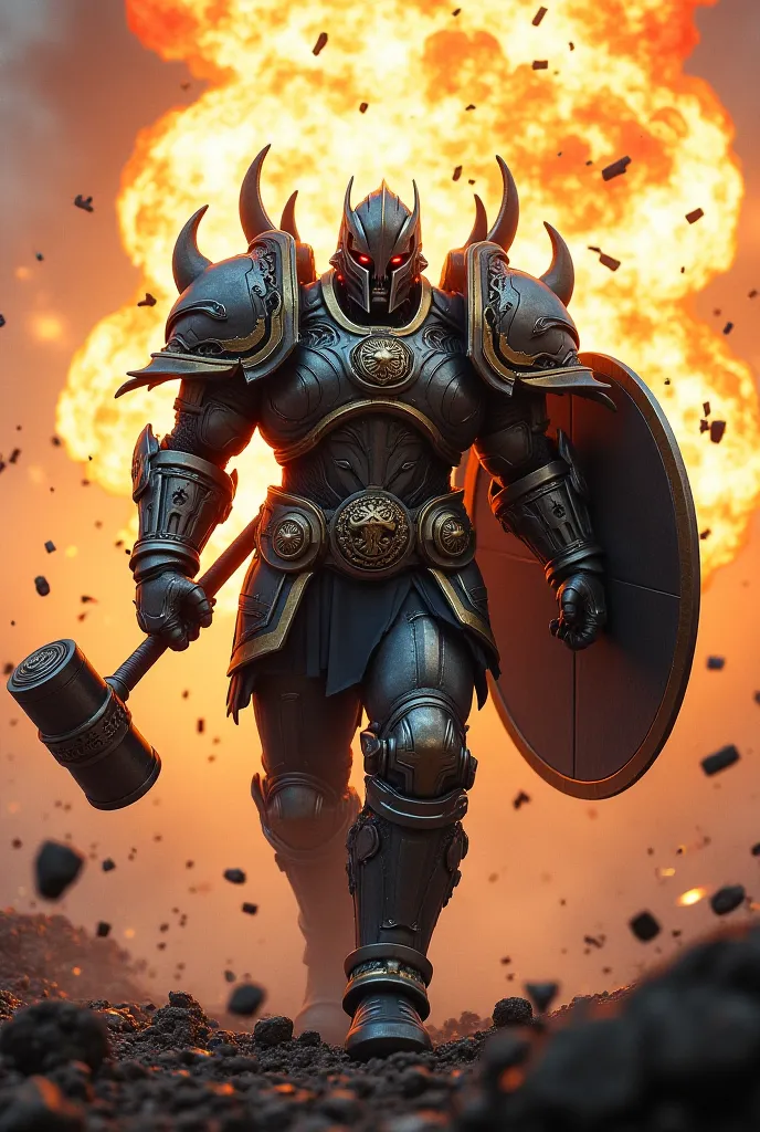 A king wearing a skull helmet and all-iron armor, with a shield in his hand, a sledgehammer in the other hand, running from a giant explosion with several human bodies flying everywhere.