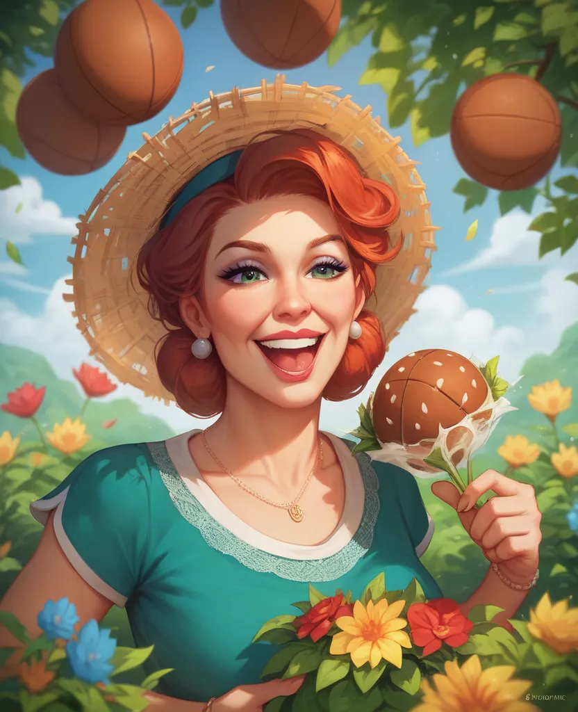 A family gathers in a garden, mother and grandmother preparing food, ren playing football, a warm sunny day, lush green spaces, vibrant flowers, a cheerful atmosphere, high details, natural colors, an intimate family moment, fun dynamics, bright and cheerf...