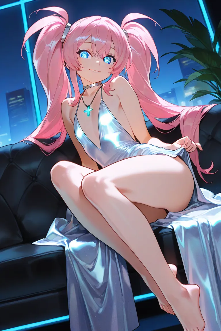 1male, femboy, a guy in girl clothes, no breasts, flat chest, curvy body, long twintail hair, blue eyes, pink hair, technowear outfit, long height, long legs, in a neon lighted room, luxury room, night, cozy atmosphere, choker necklace, spiral pupils, reve...