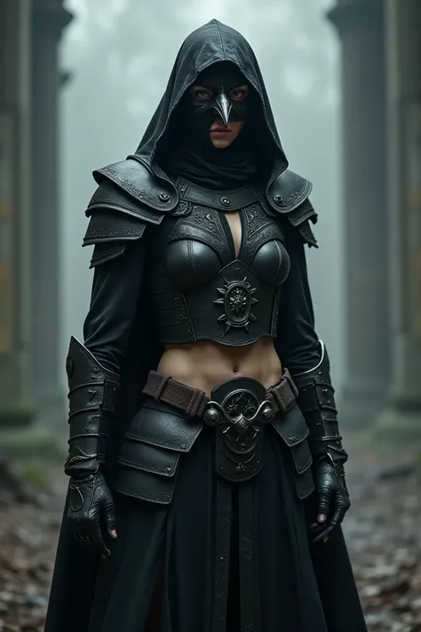 a balck clothet crow masked kommando soldier girl in medieval armor but with kevlar vest, muscled belly