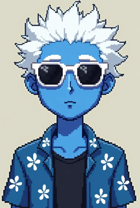 Make a pixel art of a BLUE-SKINNED character with SPIKY WHITE hair wearing WHITE GLASSES WITH BLACK LENSES wearing a BLUE HAWAIIAN SHIRT with a BLACK shirt underneath in the PIXEL ART UNDERTALE style/participant rune