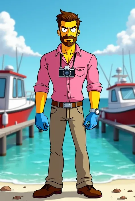 Create a character in the style of Disney Pixar cartoons, with the characteristics of The Simpsons, inspired by the character DEXTER MORGAN from the DEXTER series, in front of a MIAMI pier with several boats moored. The character DEXTER MORGAN must wear a ...