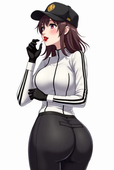  make a white woman, wearing a white outfit with black stripes, vertical stripes that go from the bottom up, black cap(not a cap),  tight black pants ,  dark red lipstick , Black glove, very large butt and thighs and slightly large breasts, biting her lips...