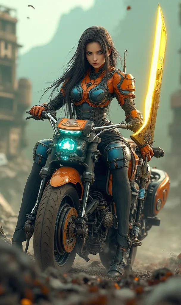 A futuristic anime-style female warrior sits confidently on a heavily modified sci-fi hoverbike, blending mechanical and steampunk aesthetics. Her armor consists of sleek yet rugged metallic plates in shades of orange, blue, and gold, giving off a battle-w...