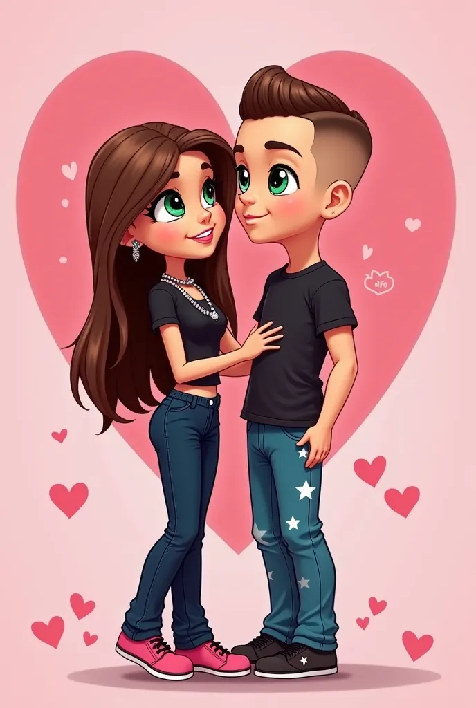 in A cute illustration, în stil cartoon, inspired by Bratz, with two standing characters, embraced in a romantic atmosphere.

	The girl has straight hair, brown (MARO ), lung, big eyes de culoare verde, with long beautiful eyelashes. Wears a black top, dar...