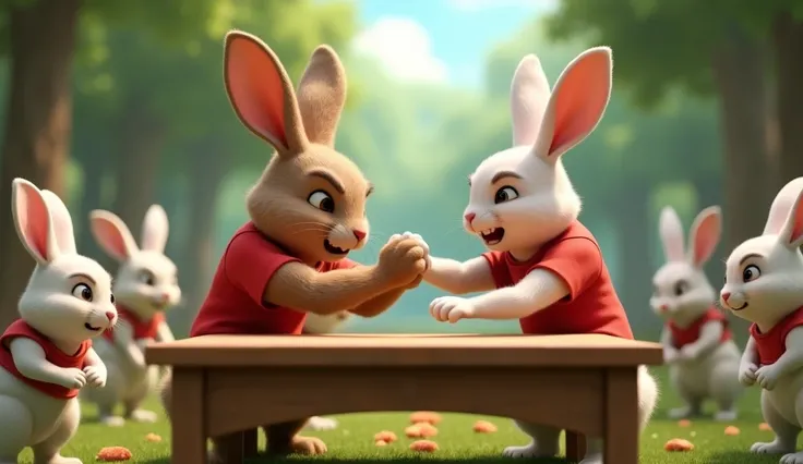 Make two humanized rabbits arm-wrestling in a forest on a table . One is white and other is brown. Brown one is muscular and white is lean in 3D animation style. Make sure both rabbits are wearing red shirts and different other rabbits are watching their w...