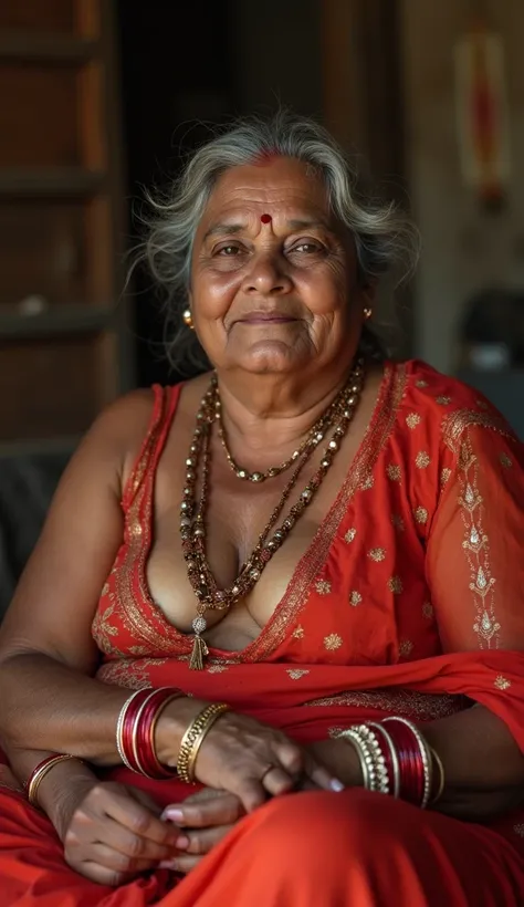 Indian beautiful Punjabi Aunty,  medium plump body, aged 60 with fair skin, wearing nothing, complete naked, Red Sindoor on her forehead,  bangles in her hand, Hair messed up, nice curves, sitting on hut, sensual, erotic, having wild sex with young indian ...