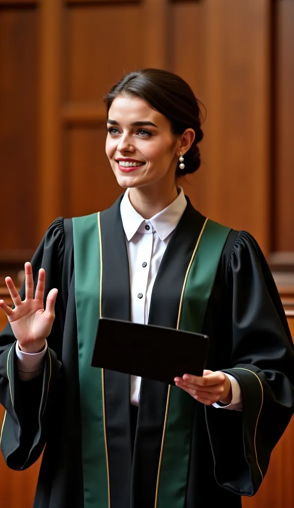 A professional female lawyer standing confidently in a grand courtroom, dressed in a black robe with green and gold embroidered details over a crisp white button-up shirt. She has her dark brown hair neatly tied back into a low bun, revealing her pearl ear...