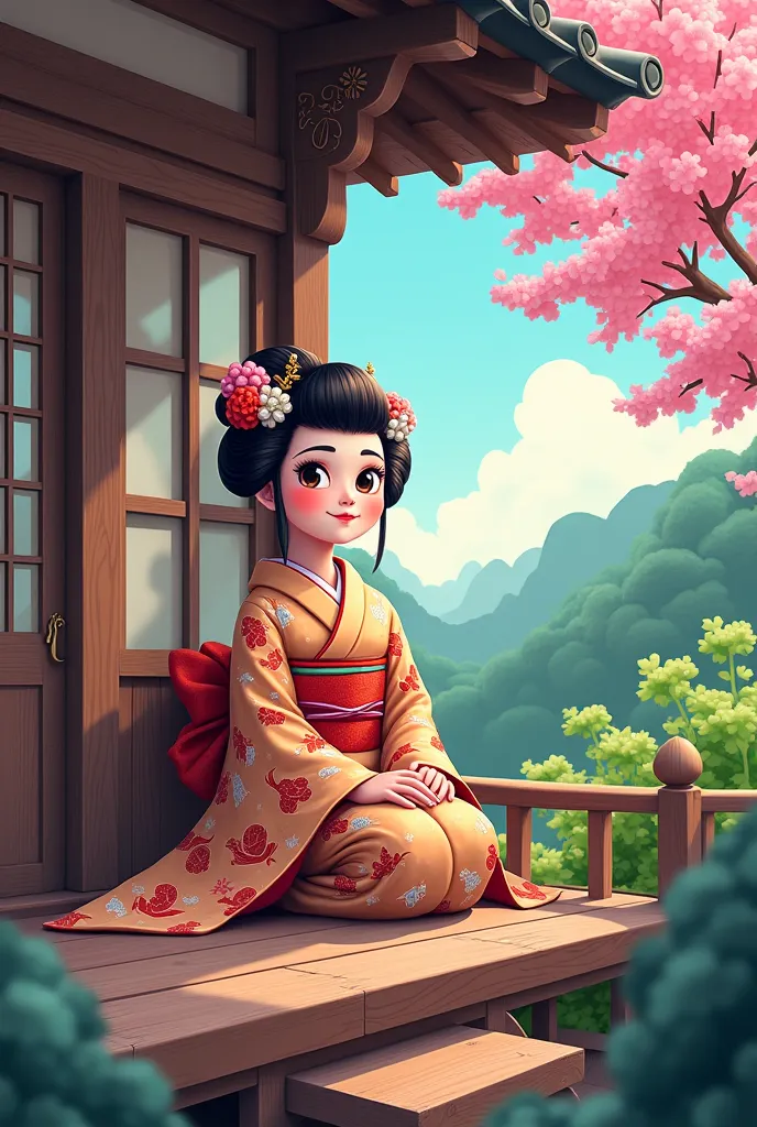 Geisha on a Japanese porch in a cartoon