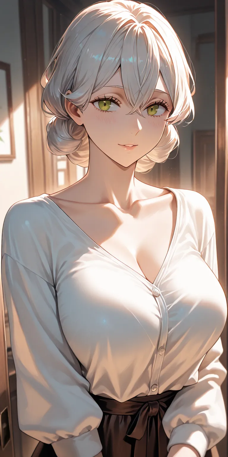 Masterpiece, very aesthetic, vibrant, high contrast, high resolution, ultra detailed, elegant mature woman, charlotte roselei (black clover), upper body, long sleeve casual shirt, collarbone, home, soft light, best quality, newest