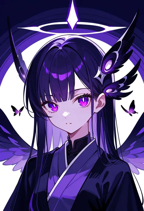 1 girl, Hair length reaches the back, Black hair and purple on the edges of the hair, purple eyes but not bright, ใส่ชุดกิโมโนเปิดหน้าอก, หน้าอกไซส์ปานกลาง, have a purple halo, have a black wings