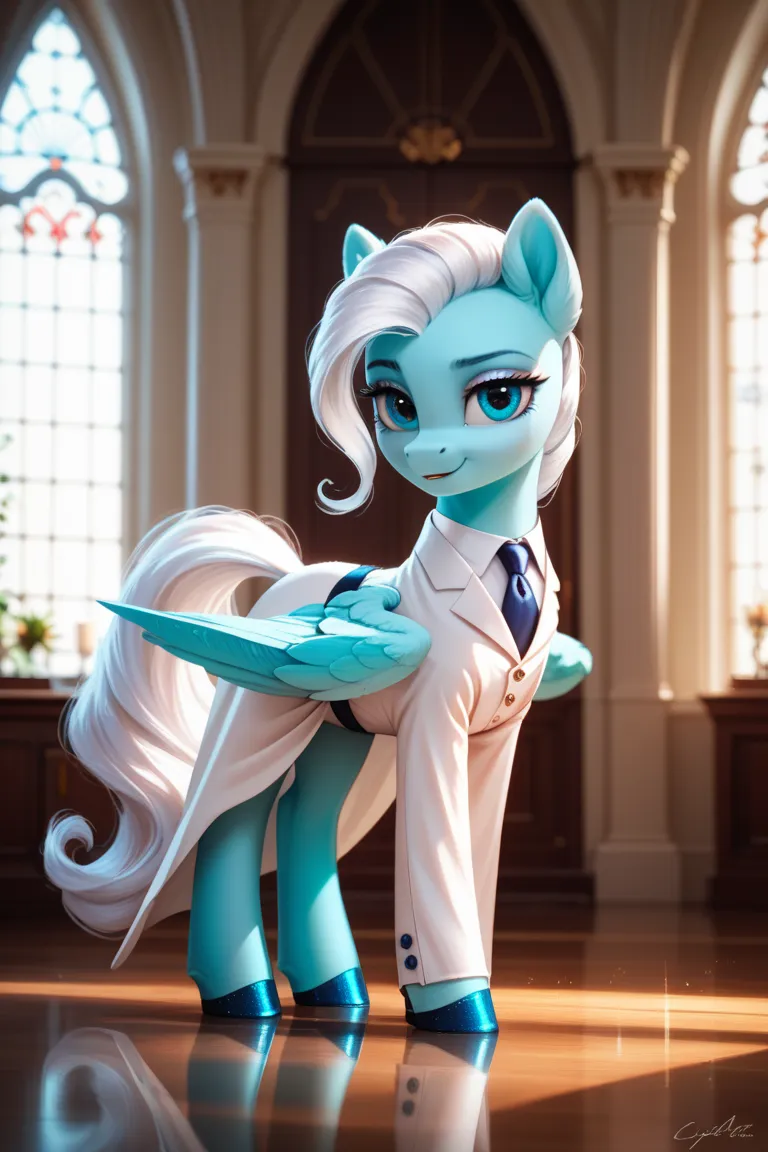 A pony , mlp style , cyan body , stylish long white mane, in a stylish suit, pegasus , female 