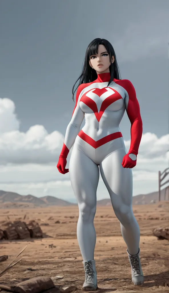 Generate a high-resolution image of a female hero in the middle of a battlefield. the woman is beautiful, of white skin with Latin features, y has long black hair. Her eyes are bright white and her lips,  in vibrant red . She wears a modern white superhero...