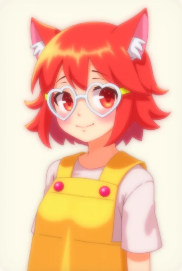 Cute Cartoon style girl with red hair with little ears , with the heart glasses and the yellow breastplate 