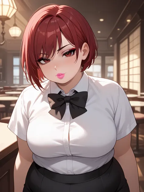 score_9, score_8_up, score_7_up, score_6_up, 1girl, chubby body, pale skin, pink lipstick, smoky eyeshadow, tomboy, red hair, bangs, bob haircut, cute face, 18 years old, white collared shirt, black bow tie, red eyes,, seductive, atmospheric lighting, stan...