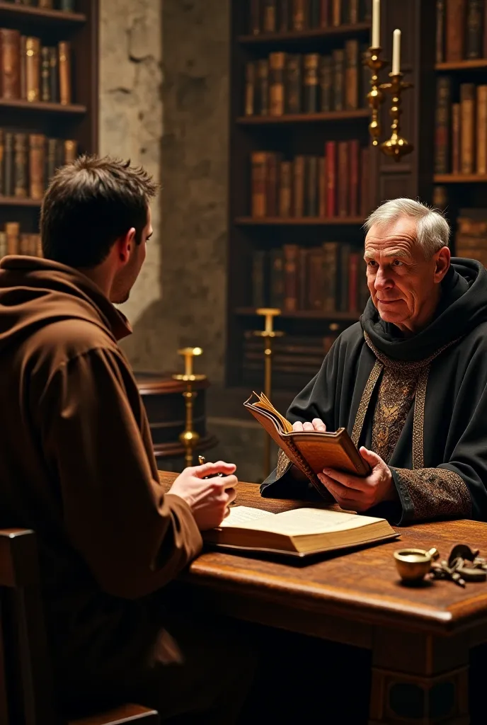 
"A tense scene in a 17th-century monastery, where a monk presents his forbidden manuscript to the abbot. The monk, Fray Marcus, is in his mid-40s, wearing a simple brown robe, holding an ancient leather-bound book with trembling hands. The abbot, an older...