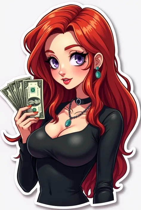 Create a 3D sticker with a beautiful 20 year old redhead girl , on the front side of which is written in large letters "Fire Judy", the girl has red hair and beautiful gray eyes,  in black clothes , , the arrow's face should be round, that is purple. Holdi...