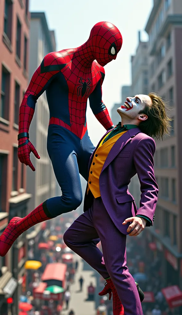 Spiderman defeated joker at city and joker in fall down bloody 