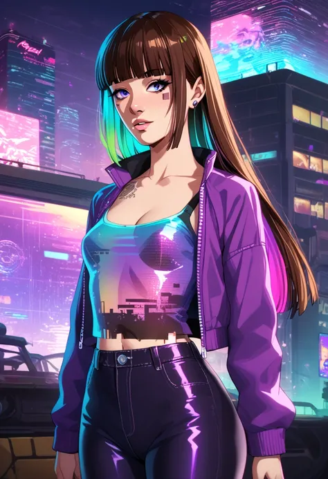 score_9, score_8_up, score_7_up, source_anime, anime style, 1girl, solo, qxys, cyberpunk, neon retrowave, cleavage, holographic skin, holofoil glitter, faint, glowing, ethereal, neon hair, glowing hair, tattoo, glitch, brown hair, multicolored hair, long h...