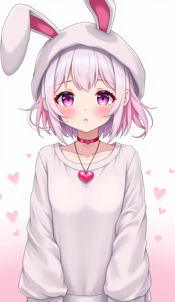 Light skinned anime girl, purple eyes, white and pink hair updo, Long-sleeved clothing that fits loosely, a kawaii bunny hat and a heart necklace 