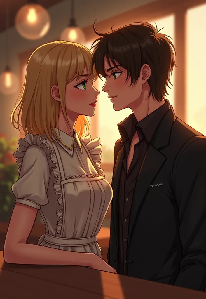 "A romantic digital illustration in a semi-realistic style with Western features. A young couple is in a cozy setting, exchanging loving glances. The woman has shoulder-length blonde hair, moss-green eyes, and wears  waitress uniform with a well-designed a...