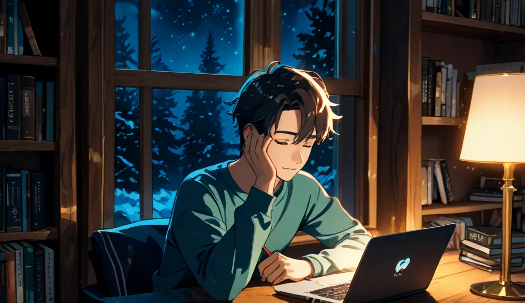 A cozy, warm-lit room at night. A man is sitting at his desk, coding on a laptop. The soft glow of the screen illuminates his face. A large window in front of him reveals the dark night outside. The room has a relaxing, lofi vibe with warm lighting, books,...