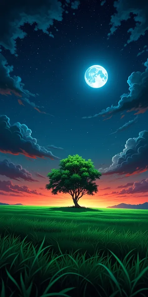 "A stunning, highly detailed digital painting of a lone tree standing in the middle of a vast green field under a breathtaking night sky. The full moon, large and luminous, casts a soft bluish glow on the landscape. The sky is a mix of deep blue and black,...