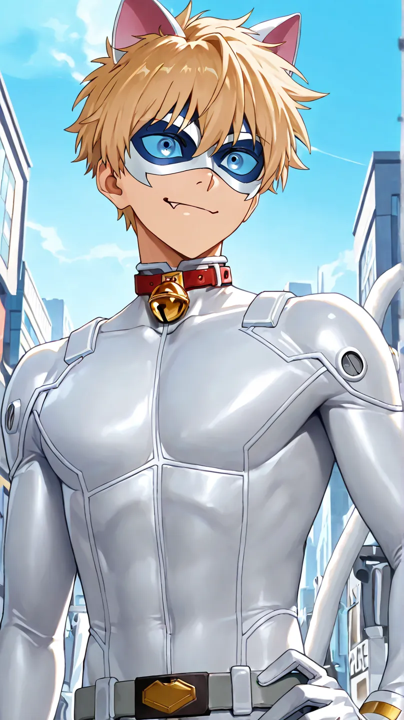 white domino masked men anime, male focus,solo, 1boy,full eye mask, mask,1boy, fair skin,hush_middy, glove,uniform,white body suit,face focus,mysterious grin,fang out, bell, white leather suit, belt tail, blue eyes,blue sclera,broad shoulders, white hero m...