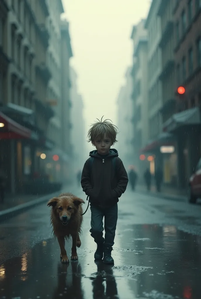  blond haired boy walking down the street alone with his dog on a rainy day 