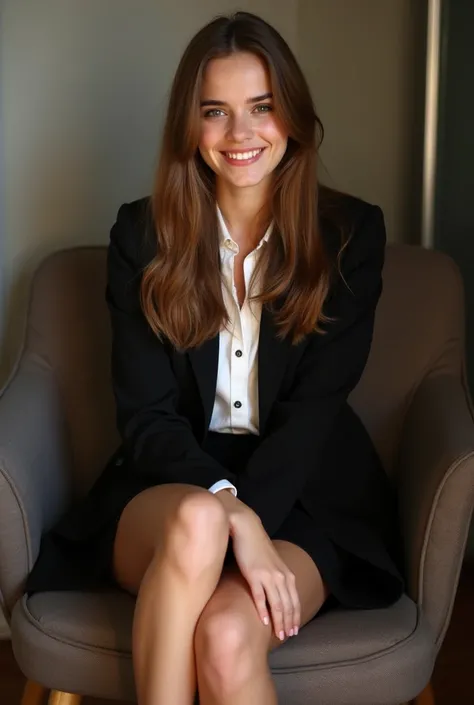 18yo happy smiling girl who looks similar to Emma Watson, brown eyes, long brown straight hair, cute face, she wears a black blazer and a buttoned up white blouse and a skirt, bare legs, sitting on a chair, crossed legs, wearing  boots, full body portrait,...