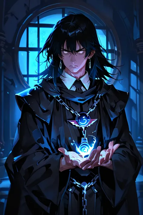 An adult man (one) (dark magician) of 45 stands in a dark room, holding a clot of glowing blue energy in his hands. looks sideways, turned sideways, epic pose. Round window at the back. black hair, medium length hair, white eyes, black straight eyebrows, b...