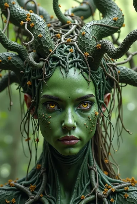 The forest witch Armora has tree or vine roots on her head, they move like snakes on their heads, she is covered with a green tint and various plants, her eyes are yellow with a golden tint, she's intimidating and domineering 