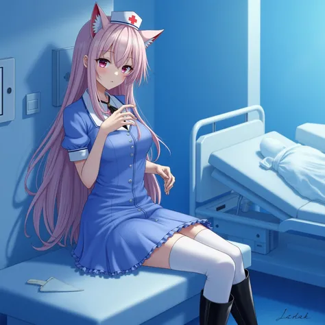 A Neko anime nurse with cat ears , In a blue latex dress and white pants black patent over the knee boots, with a hospital background and patient bed in treatment.  A beautiful girl with long hair and red lips in a blue room, in a photorealistic style.  so...