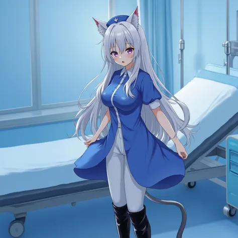 A Neko anime nurse with cat ears , In a blue latex dress and white pants black patent over the knee boots, with a hospital background and patient bed in treatment.  A beautiful girl with long hair and red lips in a blue room, in a photorealistic style.  so...