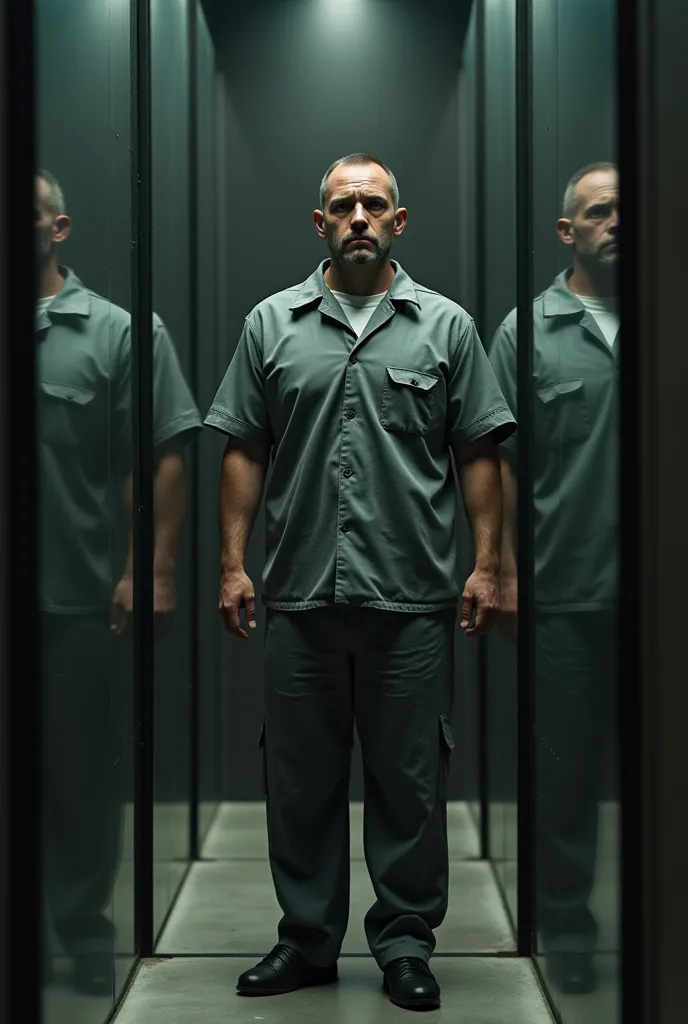 A man wearing a prison suit is standing in front of mirrors reflecting the image of the same person wearing a suit